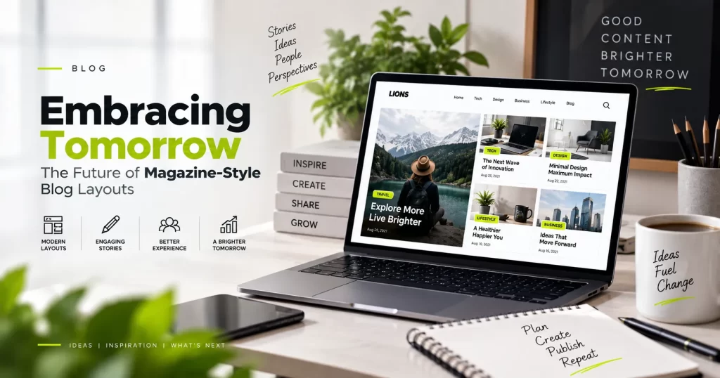 Modern magazine-style blog layout displayed on a laptop with organized editorial content