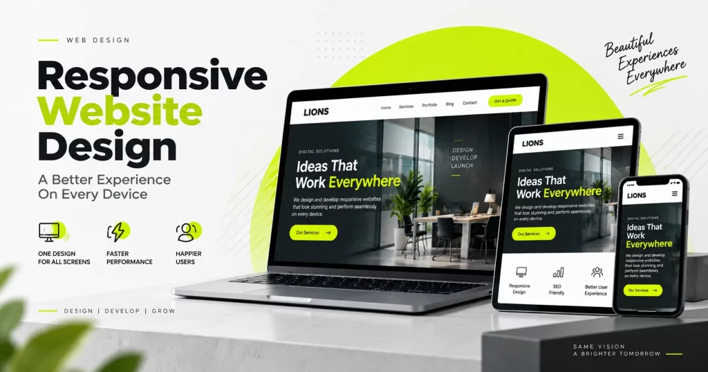 Responsive website design displayed across desktop, laptop, tablet and mobile devices