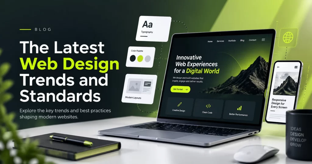 Latest web design trends and standards displayed on a modern laptop and smartphone