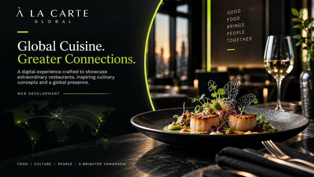 À La Carte Global portfolio hero featuring global cuisine and premium restaurant experience in black and lime theme