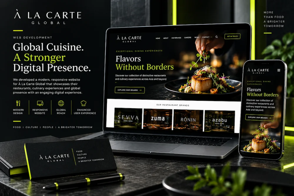 À La Carte Global responsive website web development mockup in black and lime theme