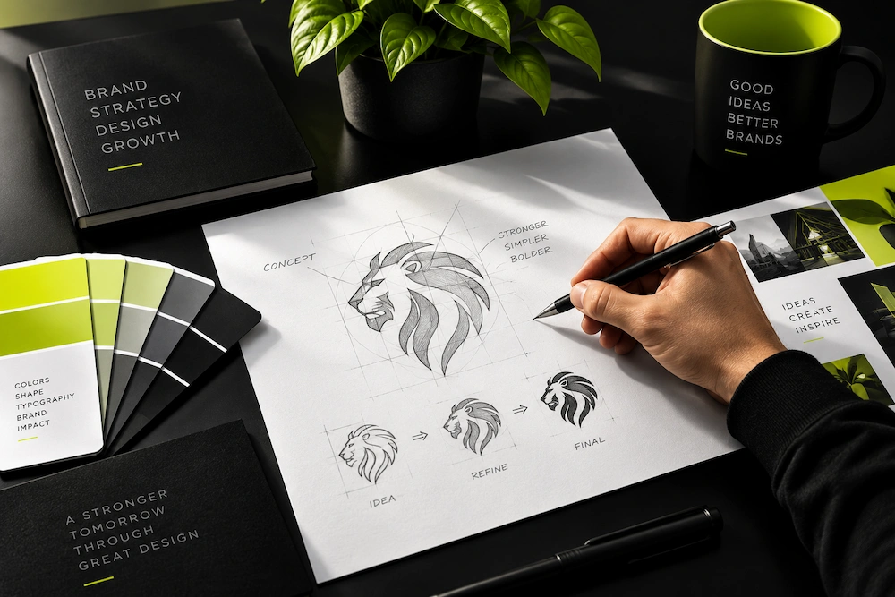 Branding and design creative process with logo sketches and brand strategy by Lions Technologies