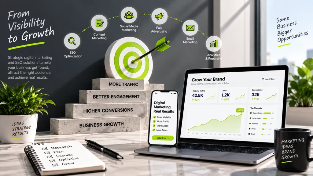 Digital marketing and SEO approach with analytics dashboard, search optimization, social media, and online growth