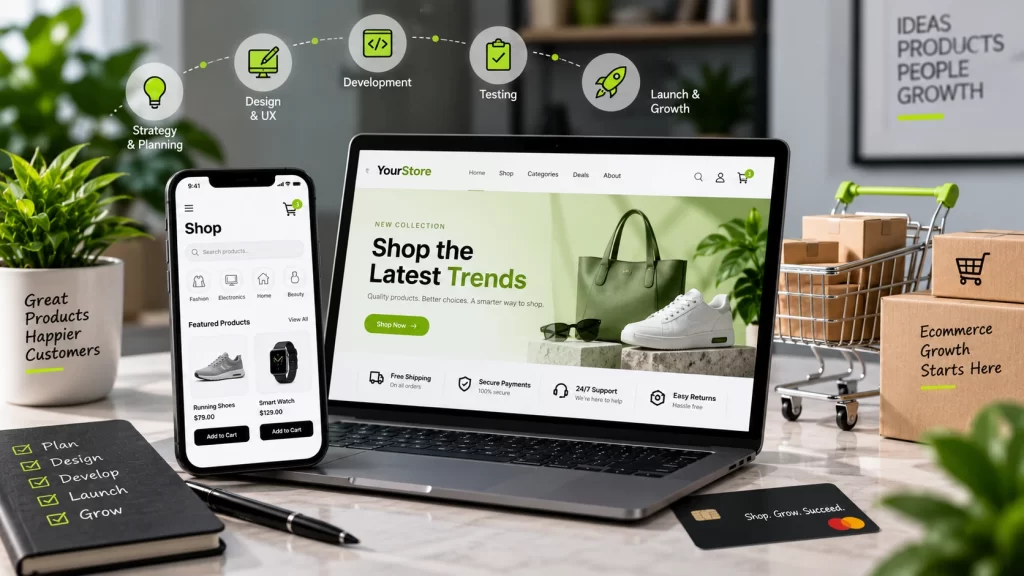 eCommerce solutions approach with online store website, mobile shopping interface, and development workflow
