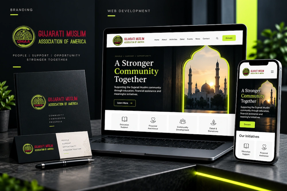 GMAA branding and web development project mockup showing responsive website and branded materials