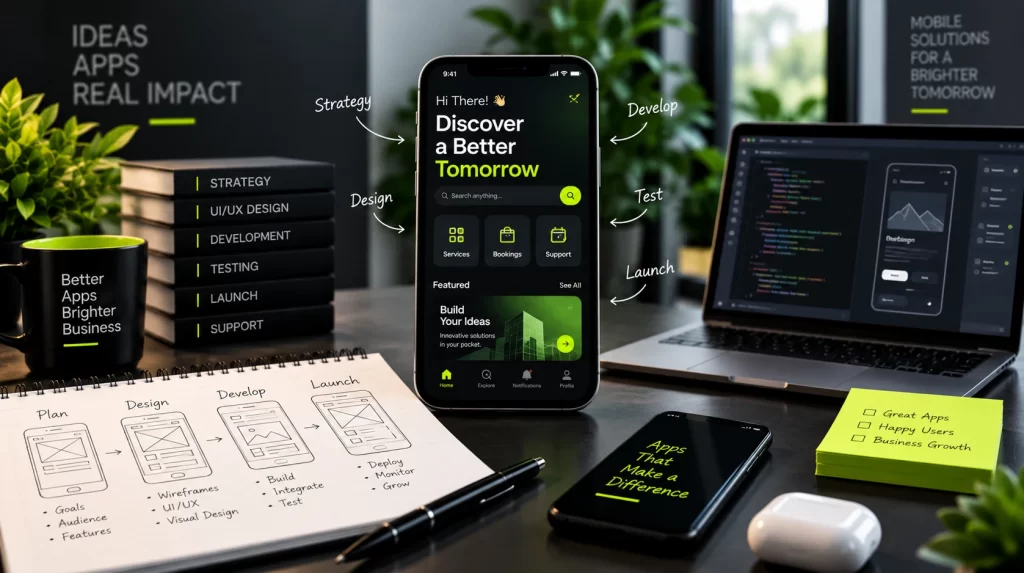 Mobile app development approach with smartphone UI, wireframes, coding and testing workflow