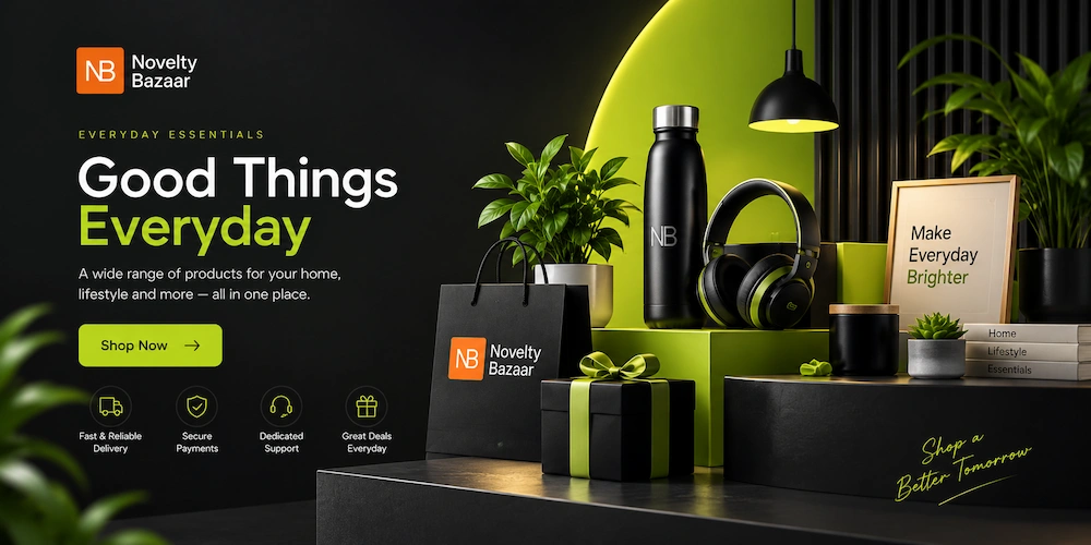 Novelty Bazaar ecommerce website banner with premium products and black and lime design