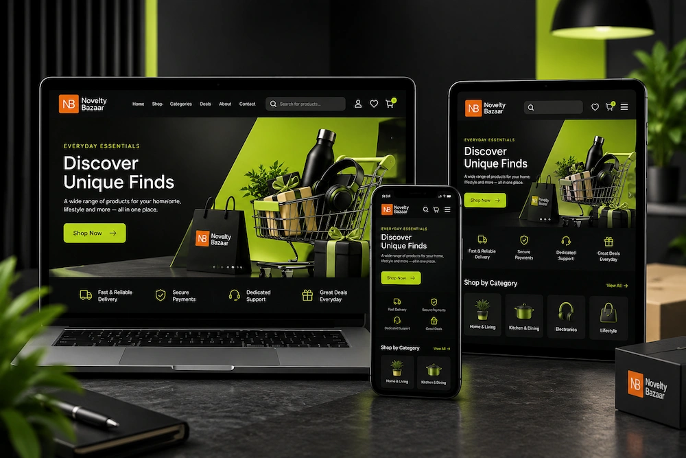 Novelty Bazaar responsive eCommerce website displayed on laptop, tablet and mobile