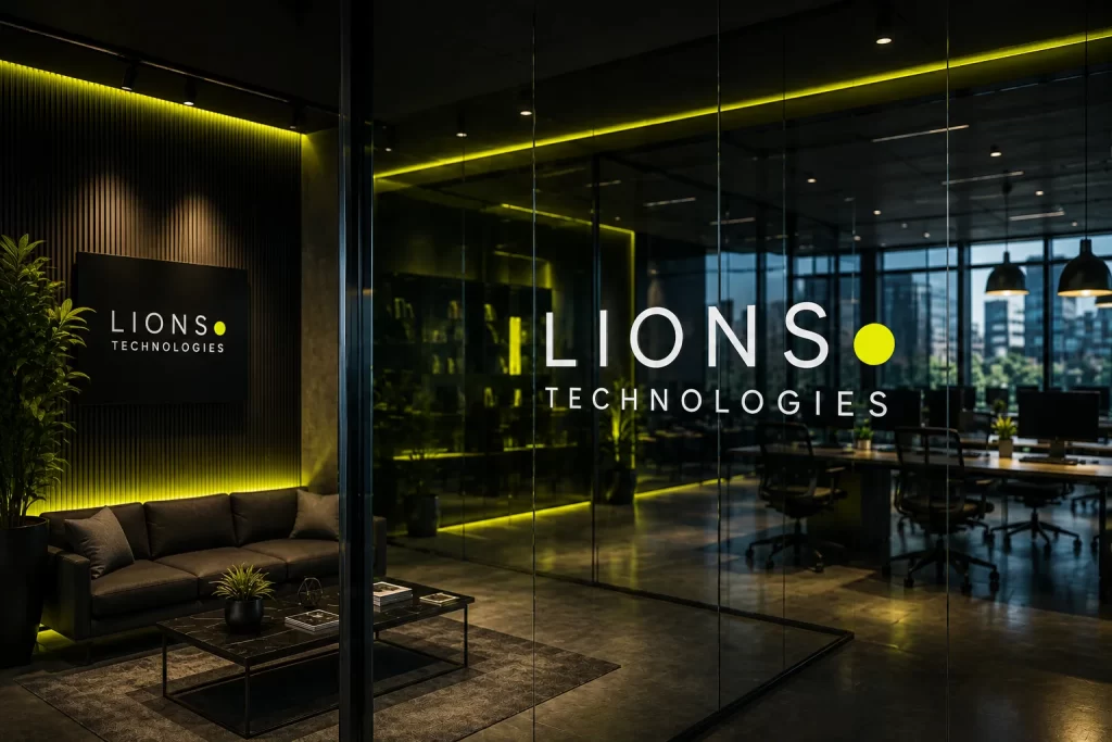 Modern Lions Technologies office interior with branded glass walls and neon lime lighting