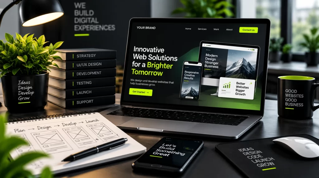 Website design and development approach with laptop, responsive web design and development workflow