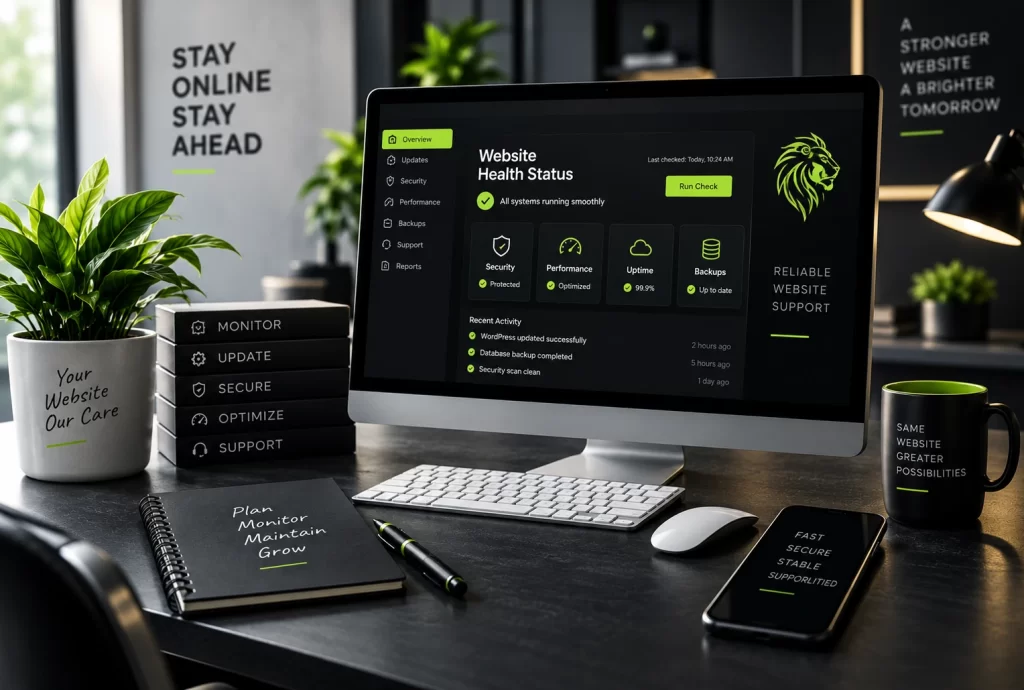 Website maintenance and support dashboard with security, performance, uptime and backup monitoring